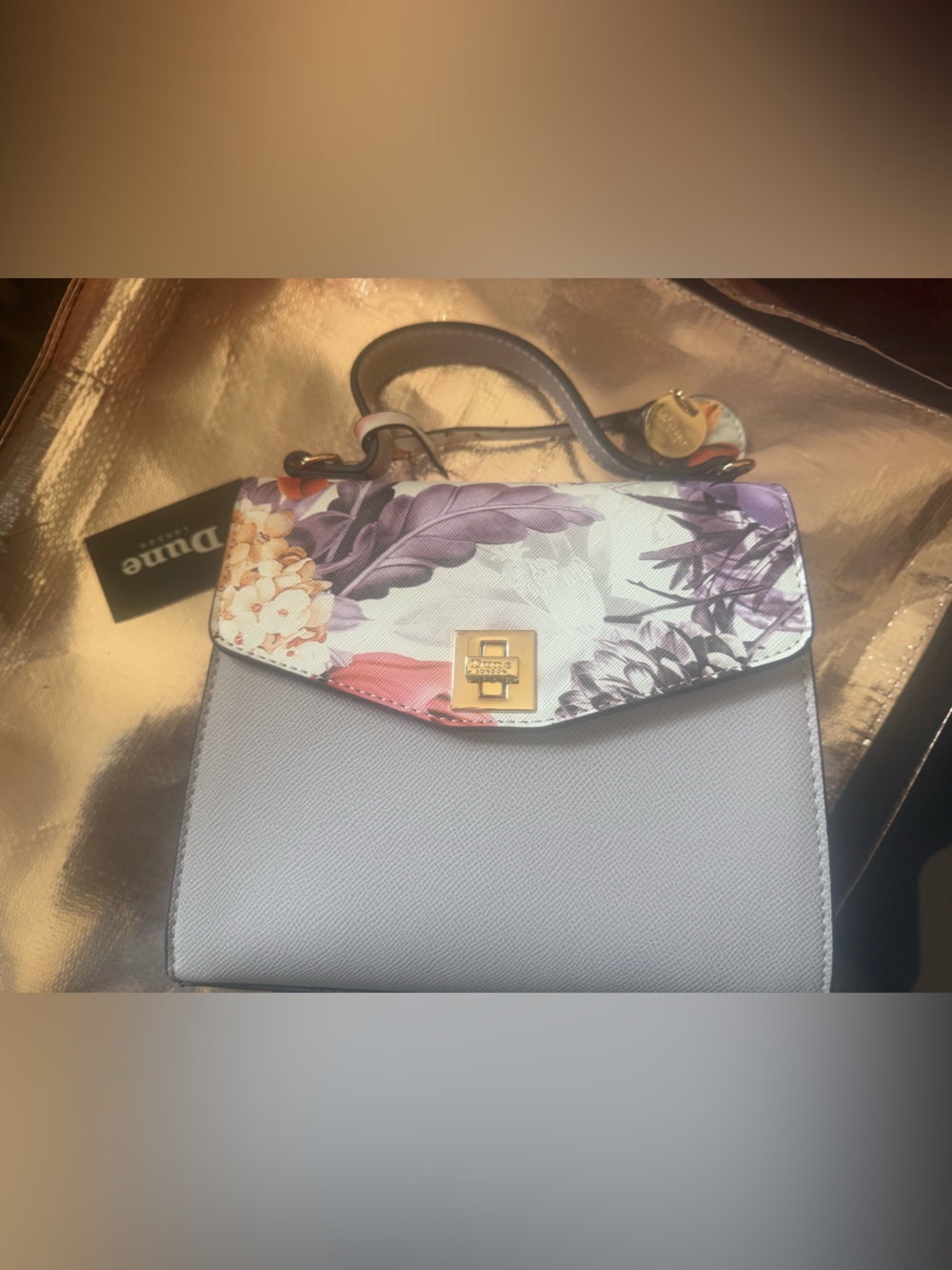 Dune London Floral-Print Top Handle Satchel in Light Gray and Lavender